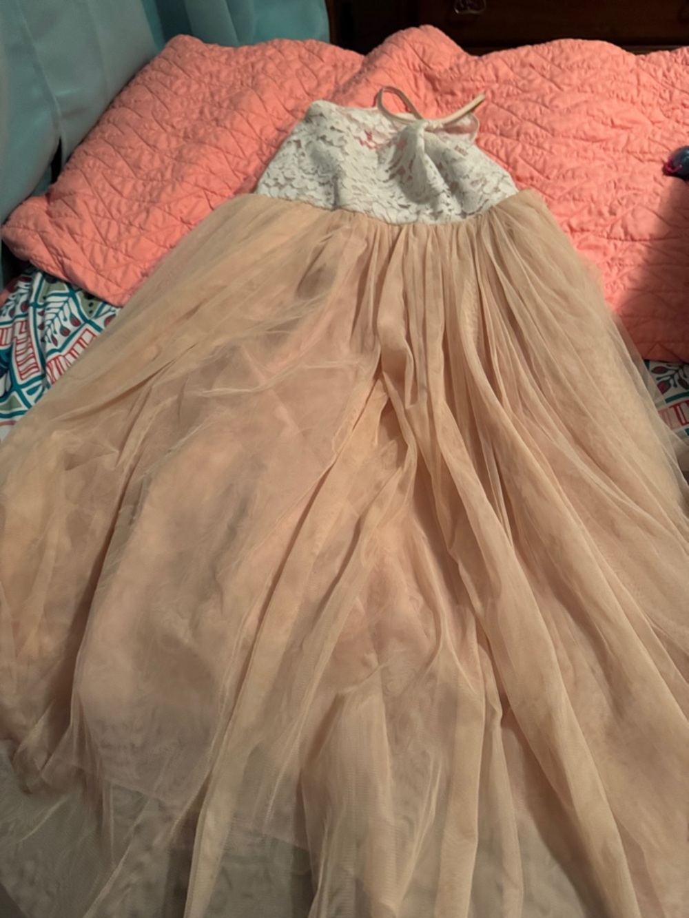Girls Lace Bodice Tulle Skirt Dress in Blush
